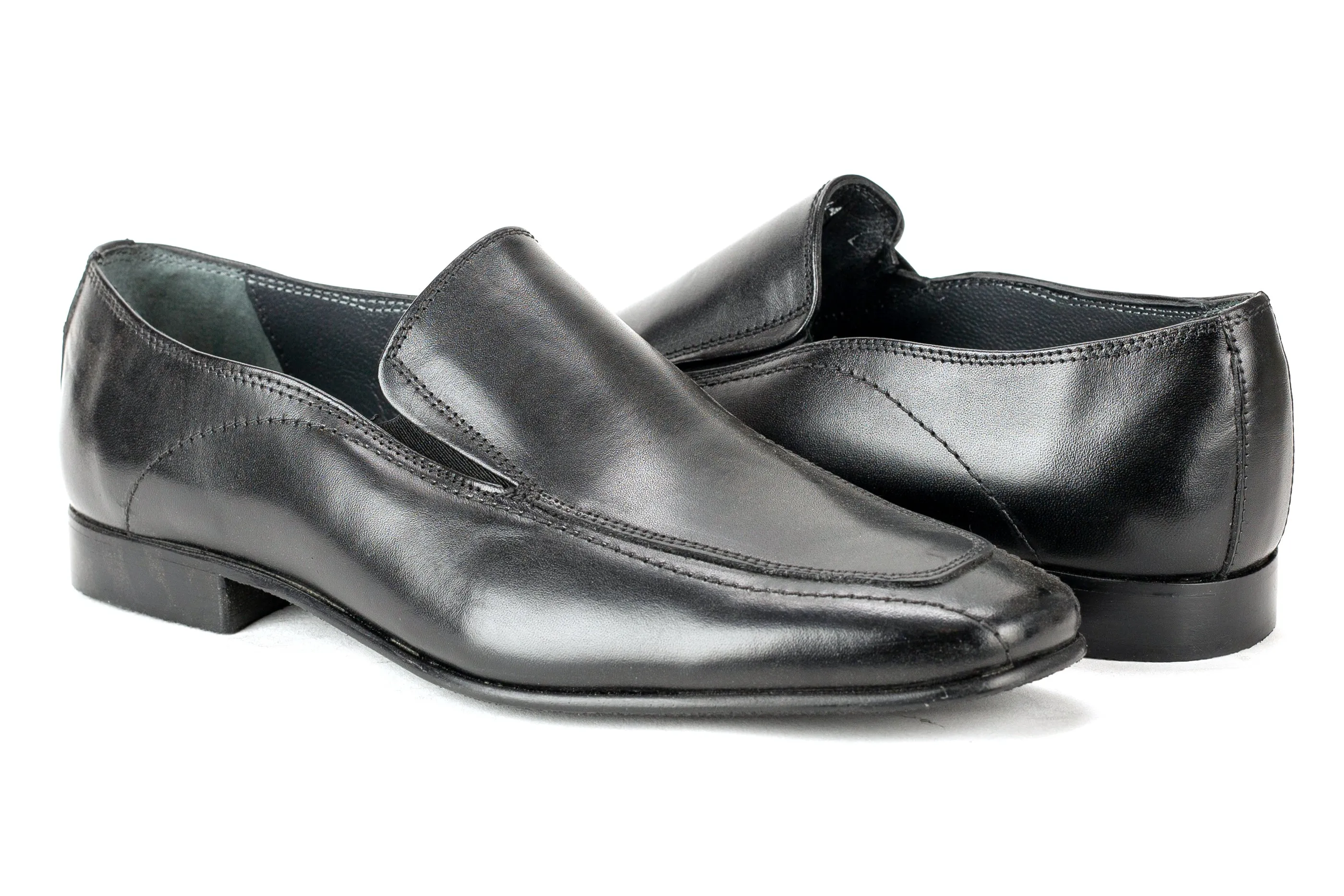 6840 - Junior Boy's Dress Black Leather Slip On Shoe Apron Toe Bike Toe Thin Junior  Rubber Sole