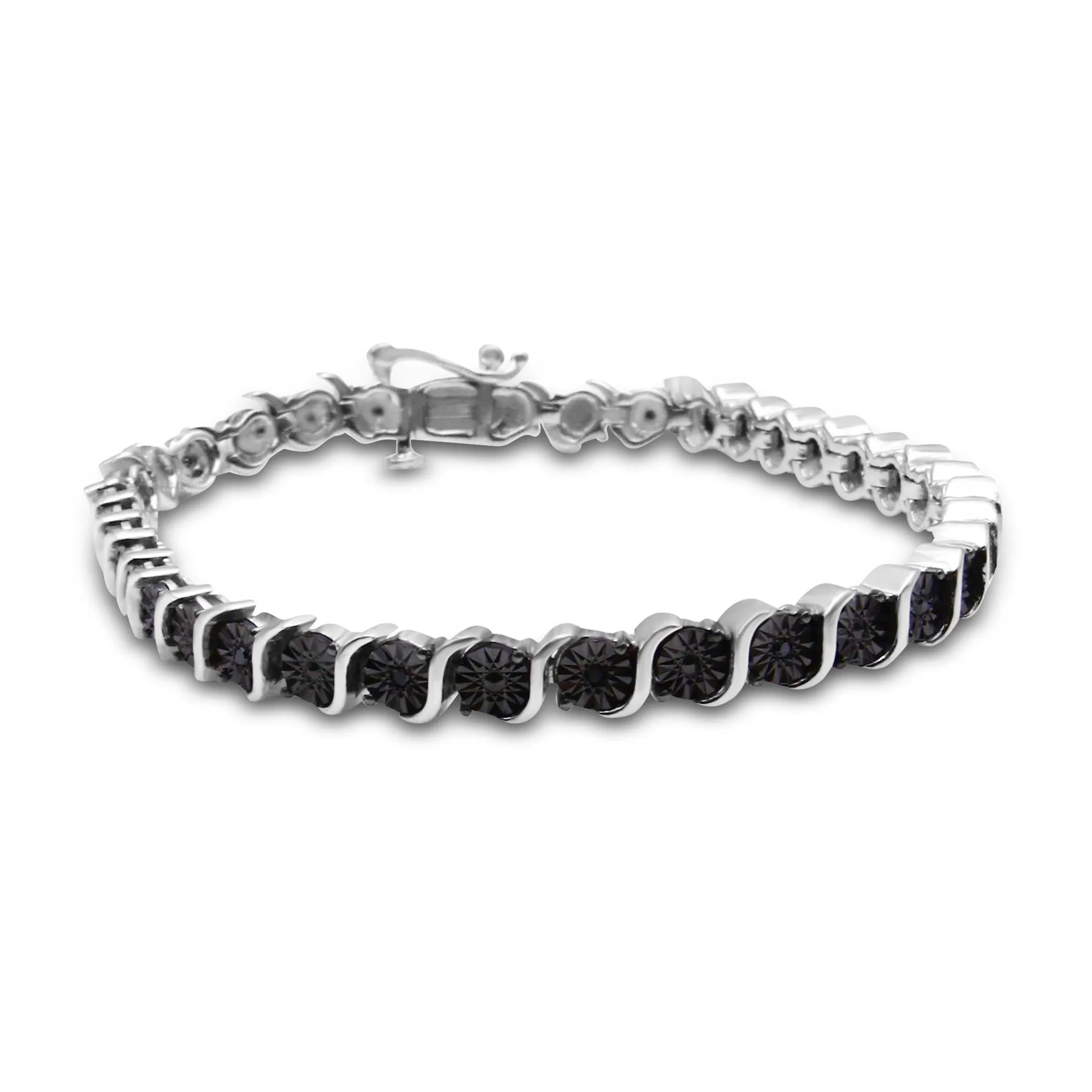 .925 Sterling Silver & Black Rhodium 1/10 Cttw Treated Black Miracle-Set Diamond S-Link Tennis Bracelet (Black Color, I1-I2 Clarity) - Size 7"