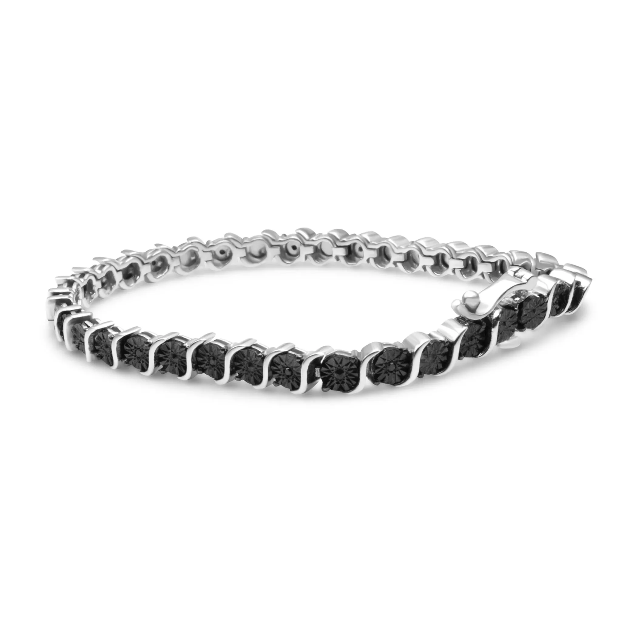 .925 Sterling Silver & Black Rhodium 1/10 Cttw Treated Black Miracle-Set Diamond S-Link Tennis Bracelet (Black Color, I1-I2 Clarity) - Size 7"