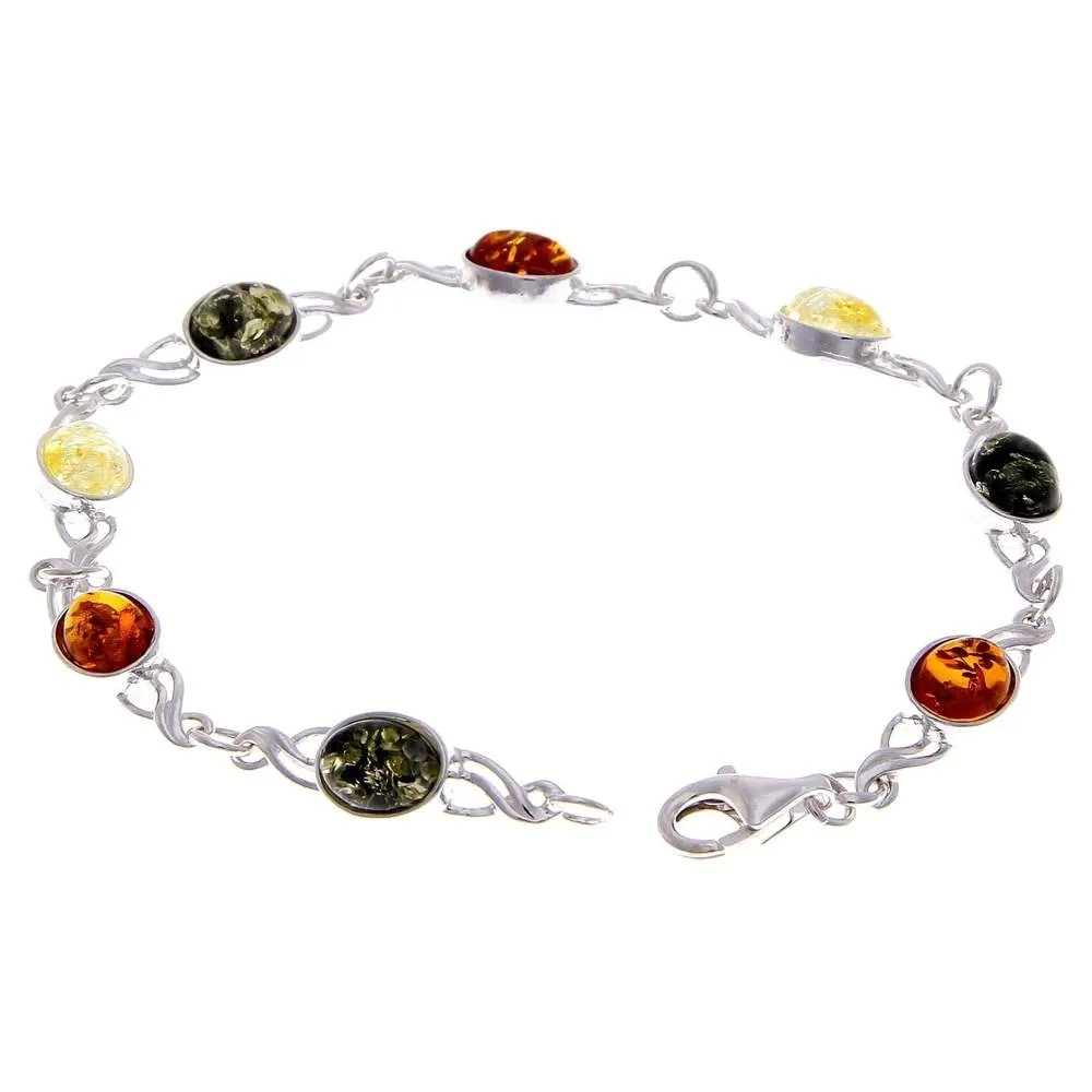 925 Sterling Silver & Genuine Baltic Amber Bracelet Link 21.5 cm  - 3178