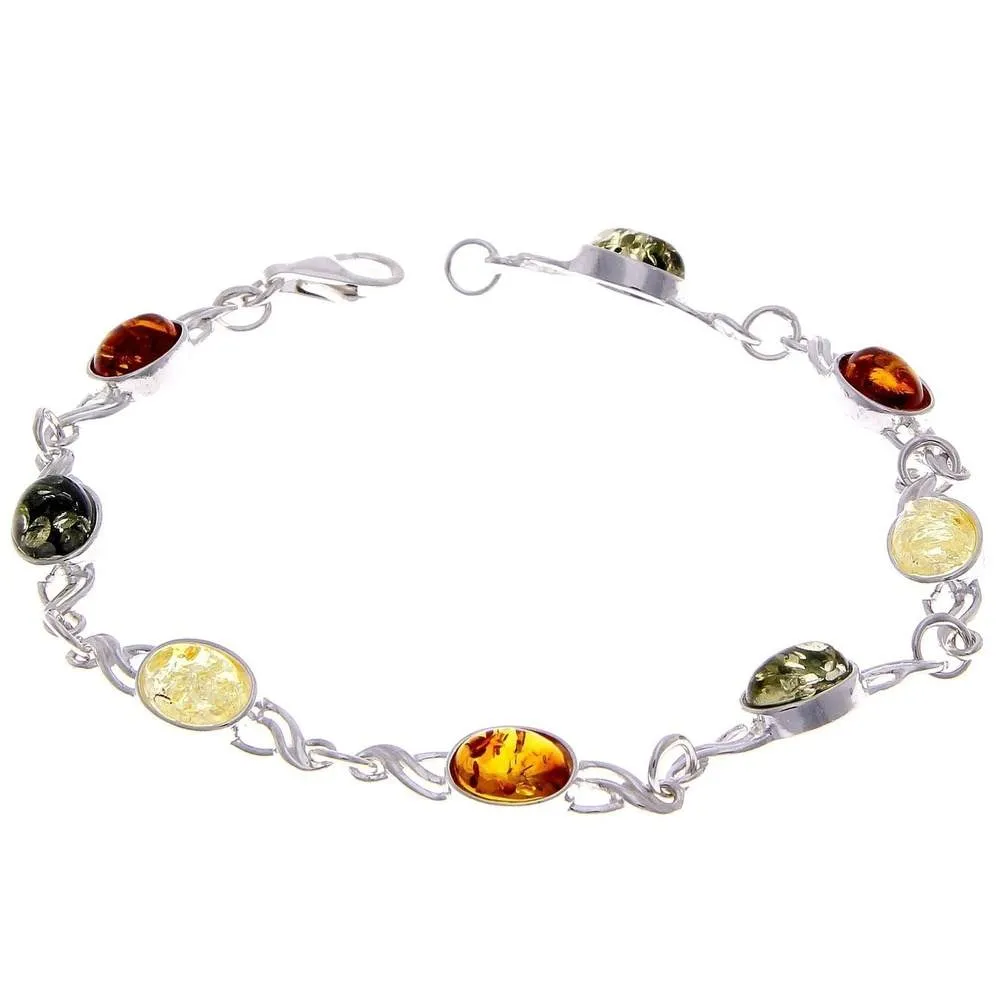 925 Sterling Silver & Genuine Baltic Amber Bracelet Link 21.5 cm  - 3178