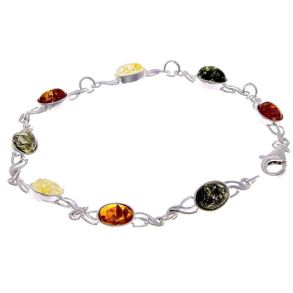 925 Sterling Silver & Genuine Baltic Amber Bracelet Link 21.5 cm  - 3178