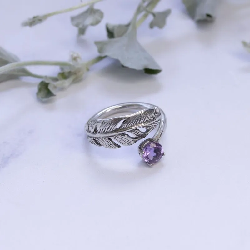 925 Sterling Silver Feather Adjustable Ring with Amethyst gemstone