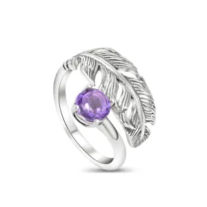 925 Sterling Silver Feather Adjustable Ring with Amethyst gemstone