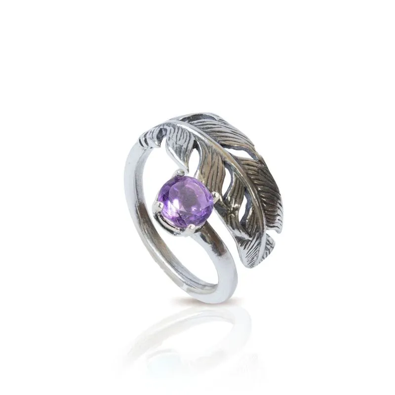 925 Sterling Silver Feather Adjustable Ring with Amethyst gemstone