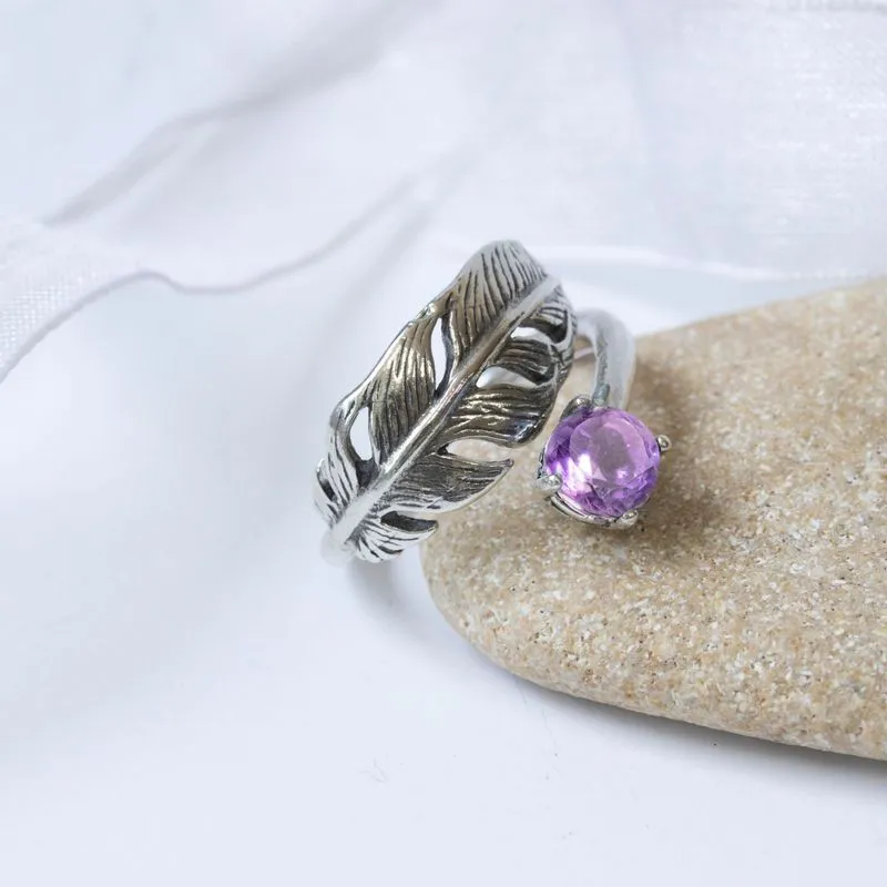 925 Sterling Silver Feather Adjustable Ring with Amethyst gemstone