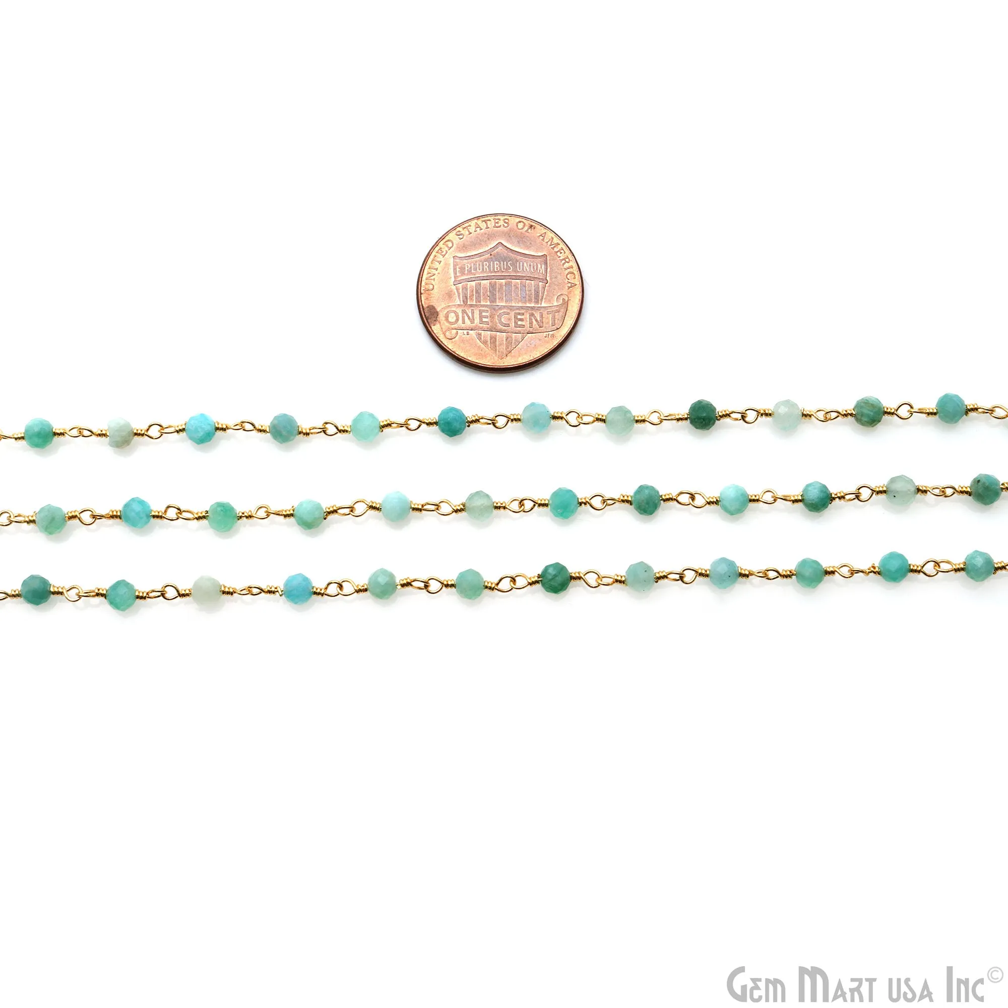 Amazonite 3-3.5mm Gold Plated Beaded Wire Wrapped Rosary Chain