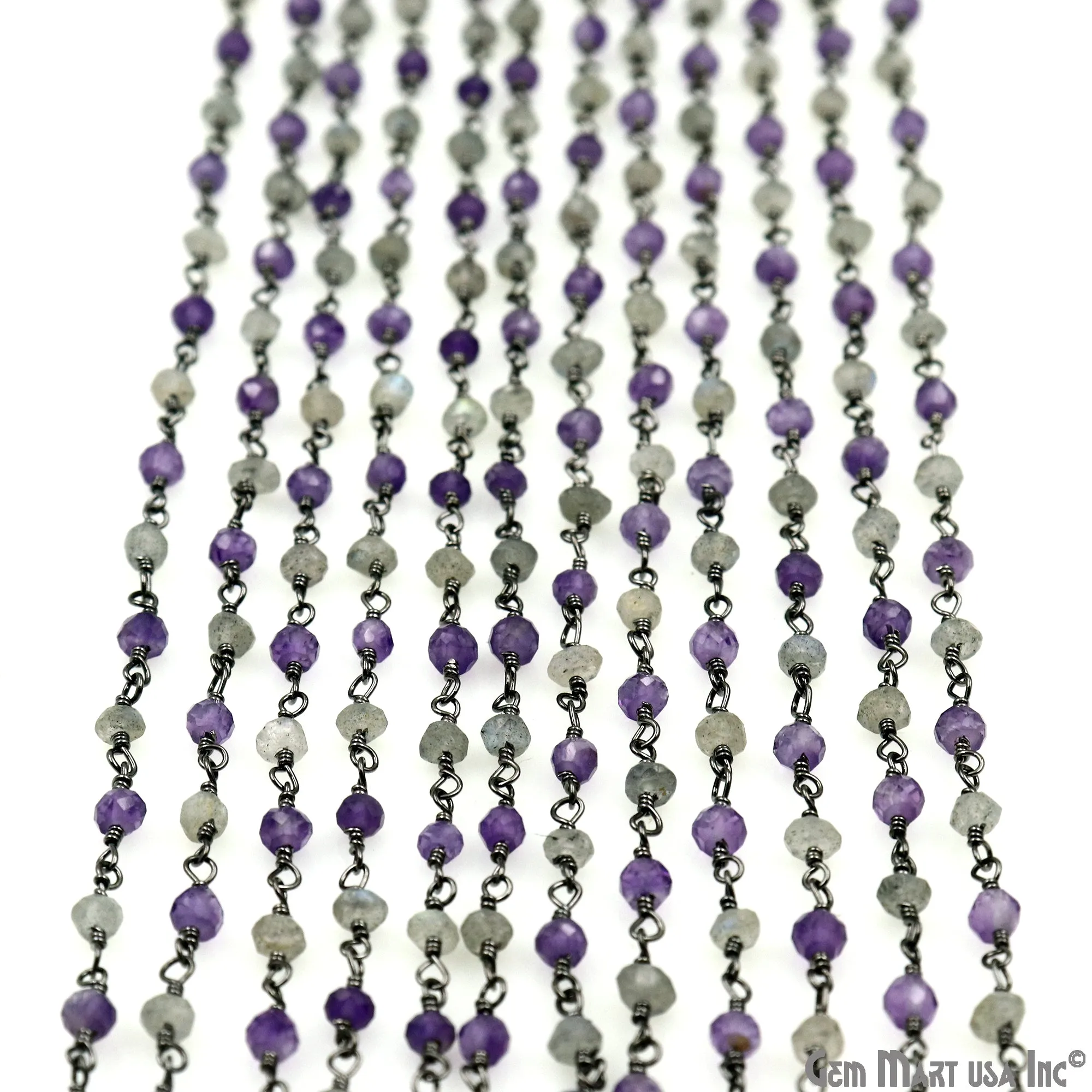 Amethyst & Labradorite 3-3.5mm Oxidized Faceted Beads Wire Wrapped Rosary Chain