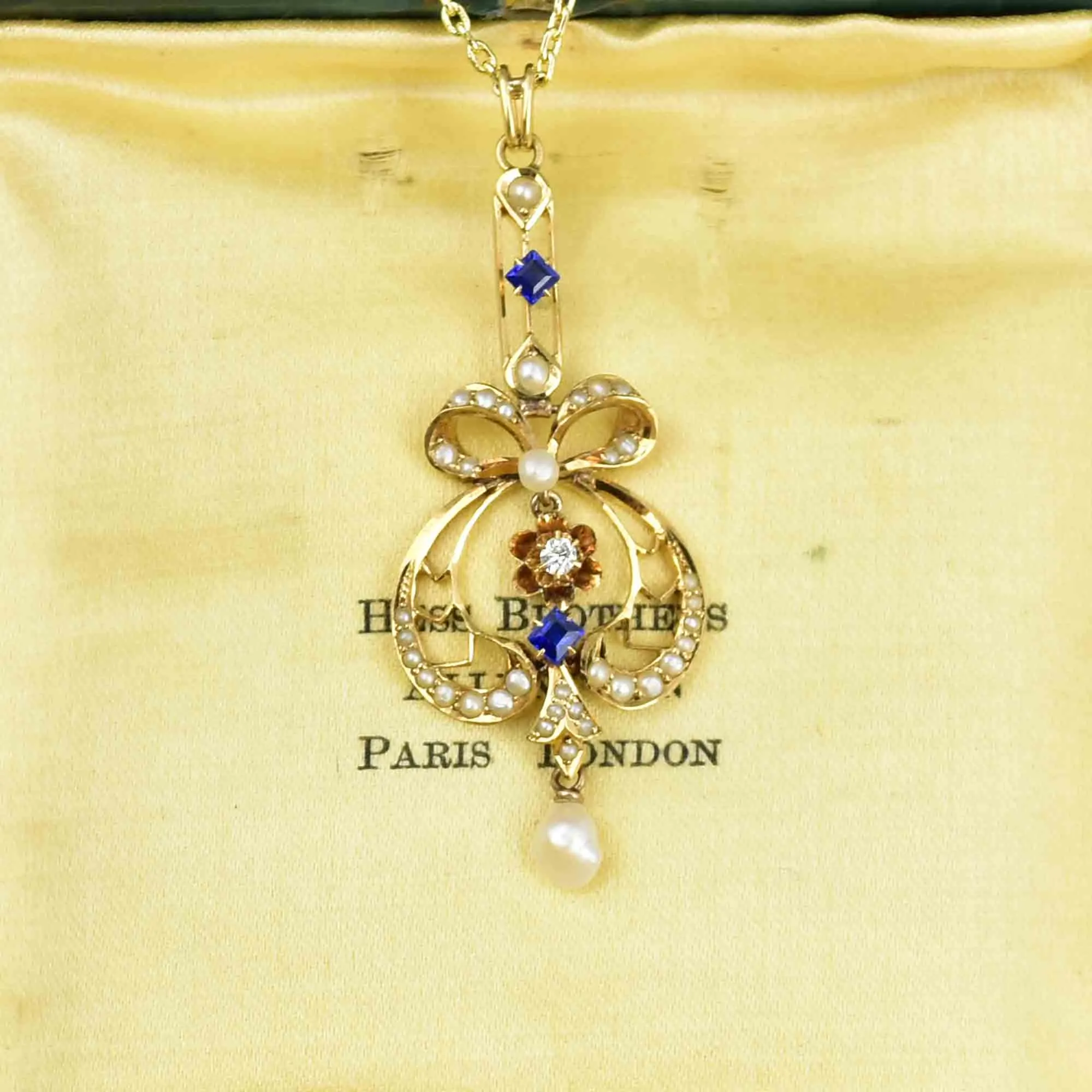 Antique Art Nouveau 14K Gold Diamond Sapphire Bow Lavaliere Necklace