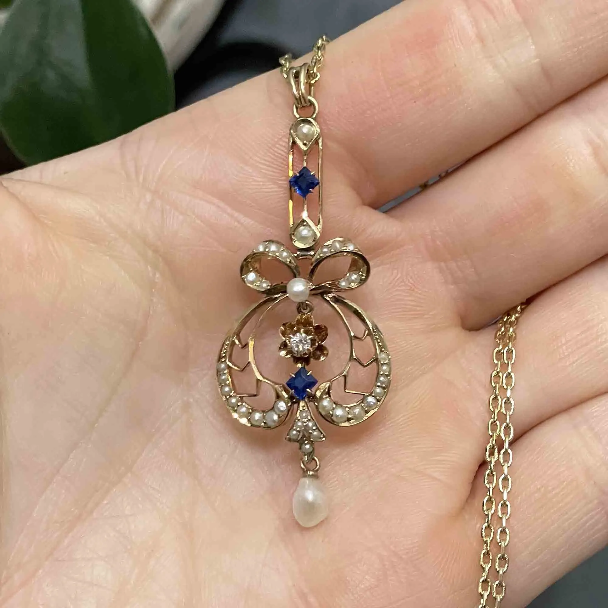 Antique Art Nouveau 14K Gold Diamond Sapphire Bow Lavaliere Necklace