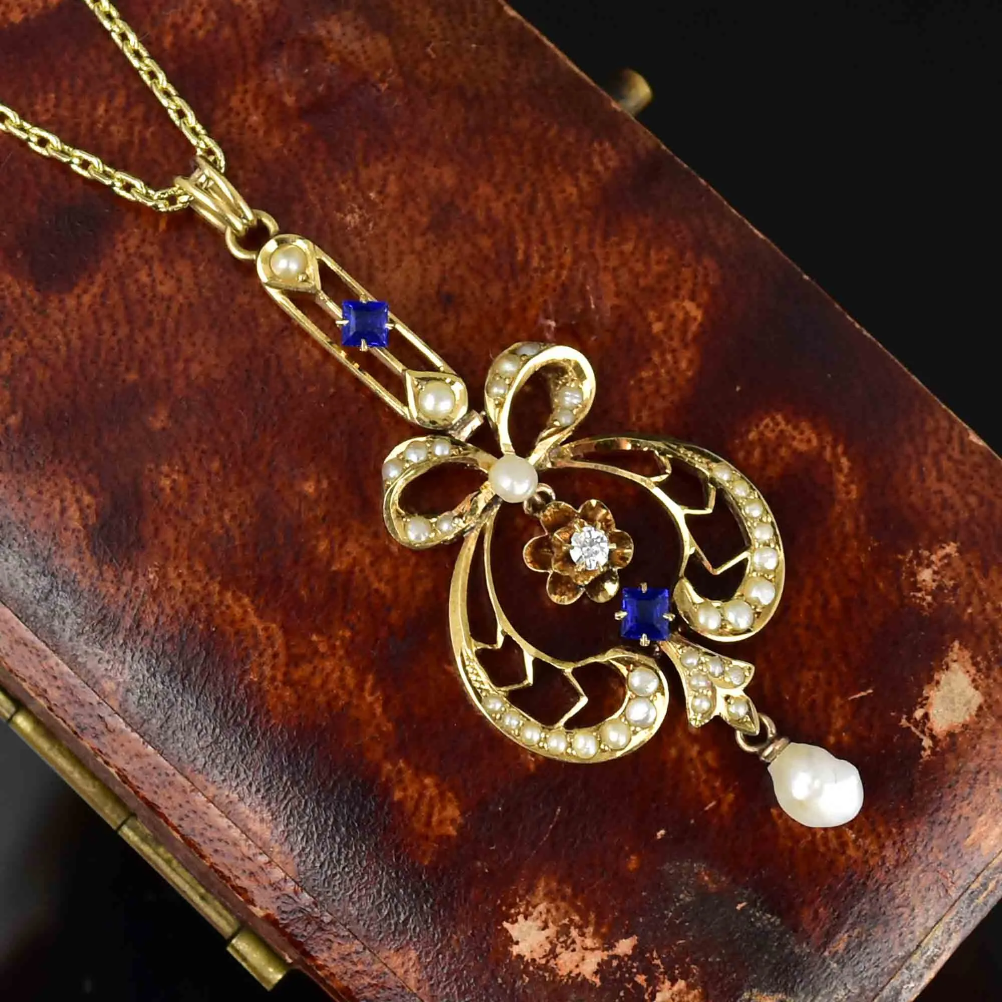 Antique Art Nouveau 14K Gold Diamond Sapphire Bow Lavaliere Necklace