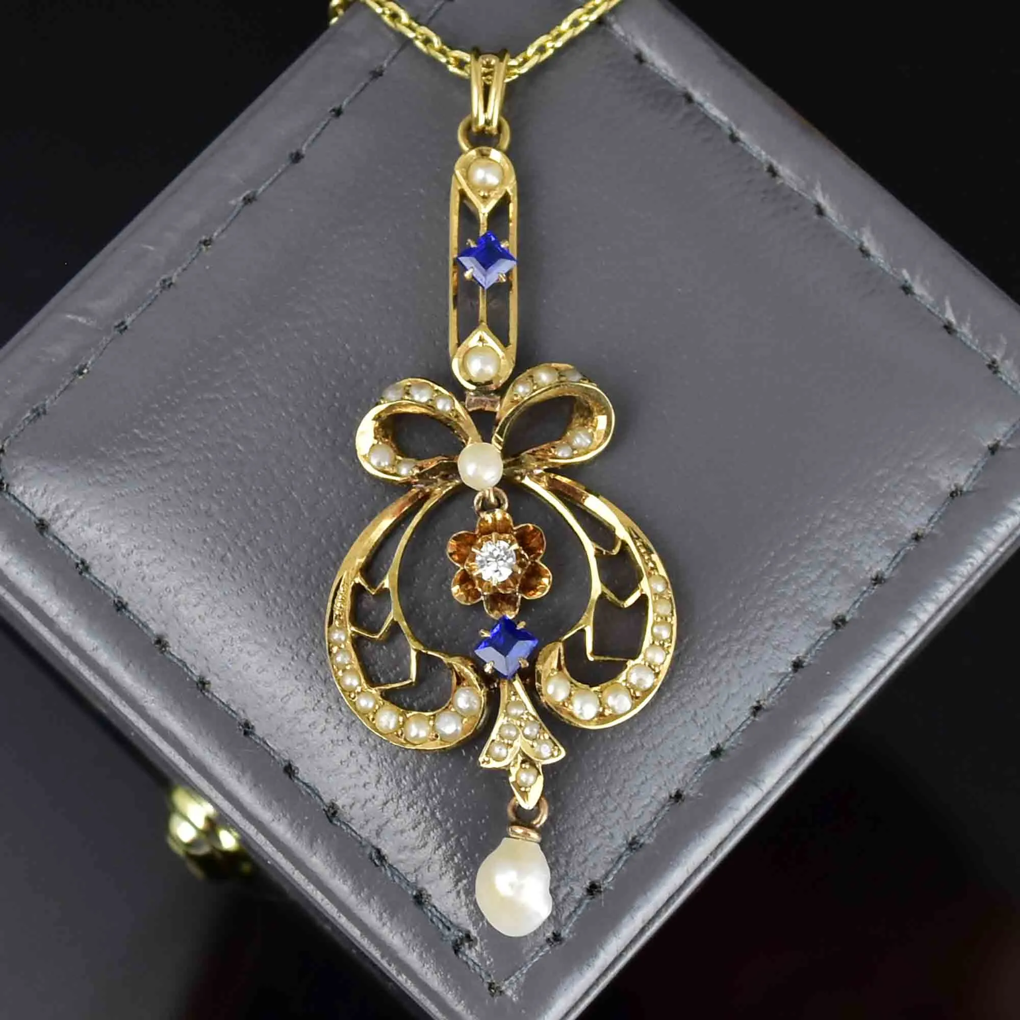 Antique Art Nouveau 14K Gold Diamond Sapphire Bow Lavaliere Necklace