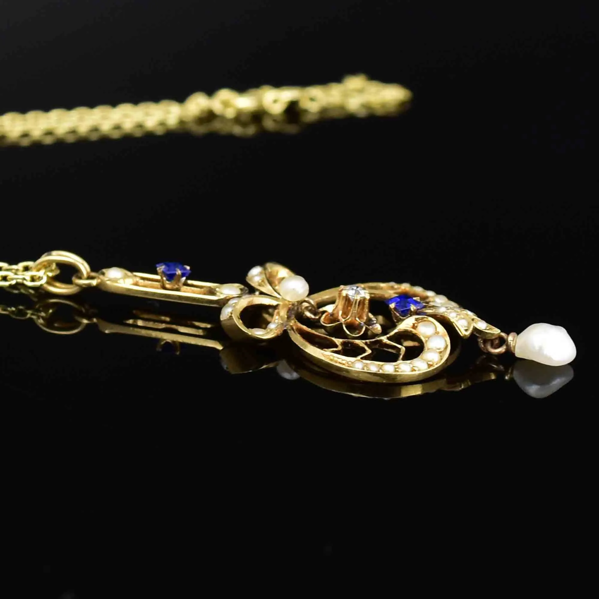 Antique Art Nouveau 14K Gold Diamond Sapphire Bow Lavaliere Necklace