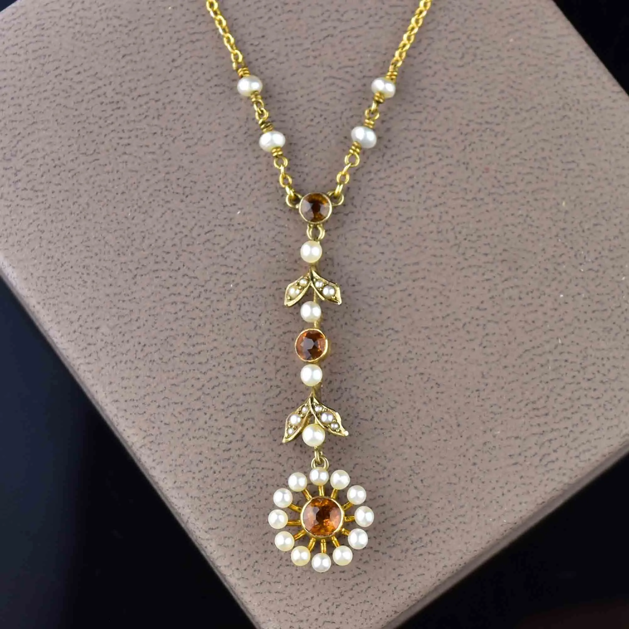 Antique Edwardian 10K Gold Citrine Lavaliere Necklace