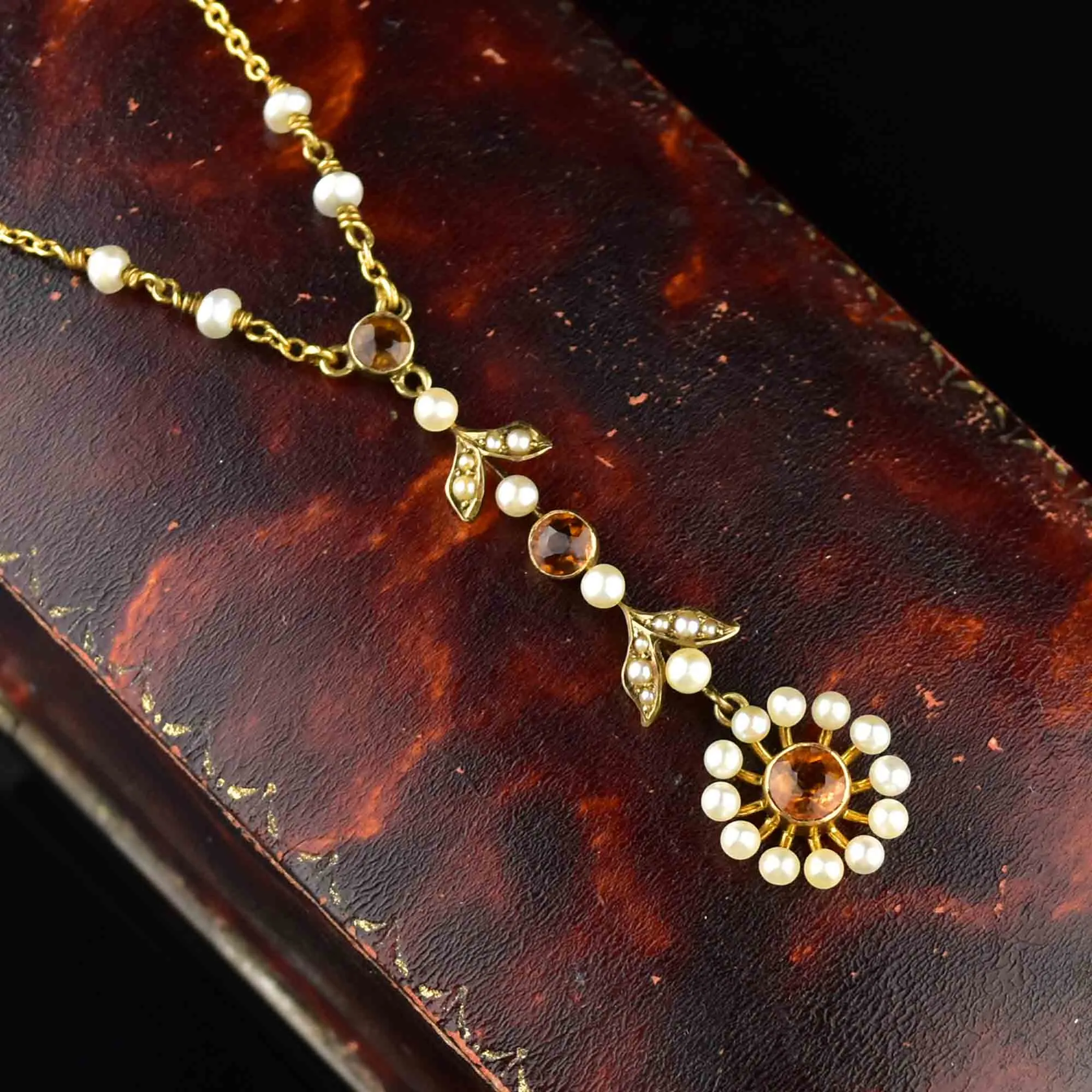 Antique Edwardian 10K Gold Citrine Lavaliere Necklace