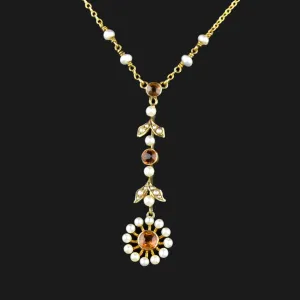 Antique Edwardian 10K Gold Citrine Lavaliere Necklace