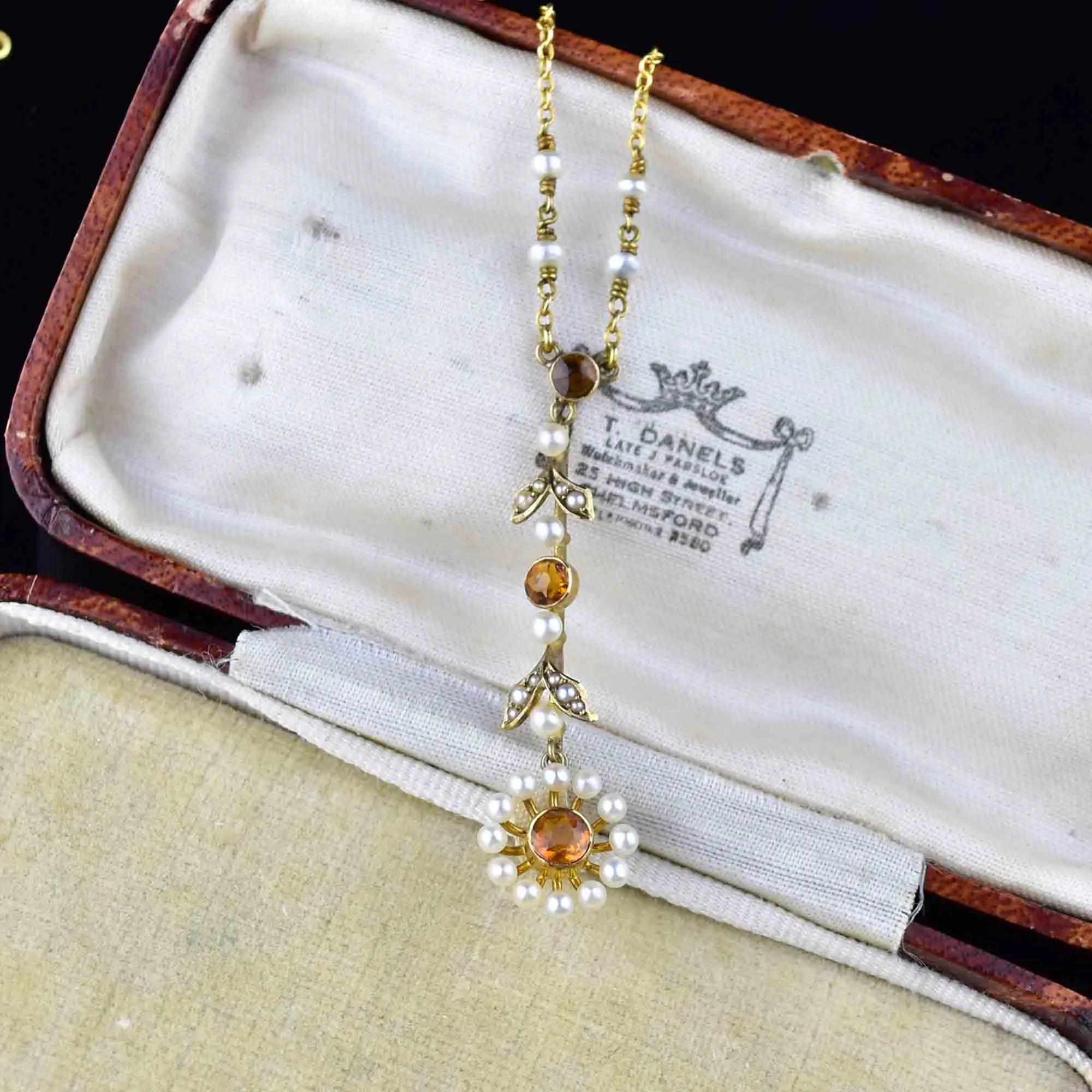 Antique Edwardian 10K Gold Citrine Lavaliere Necklace