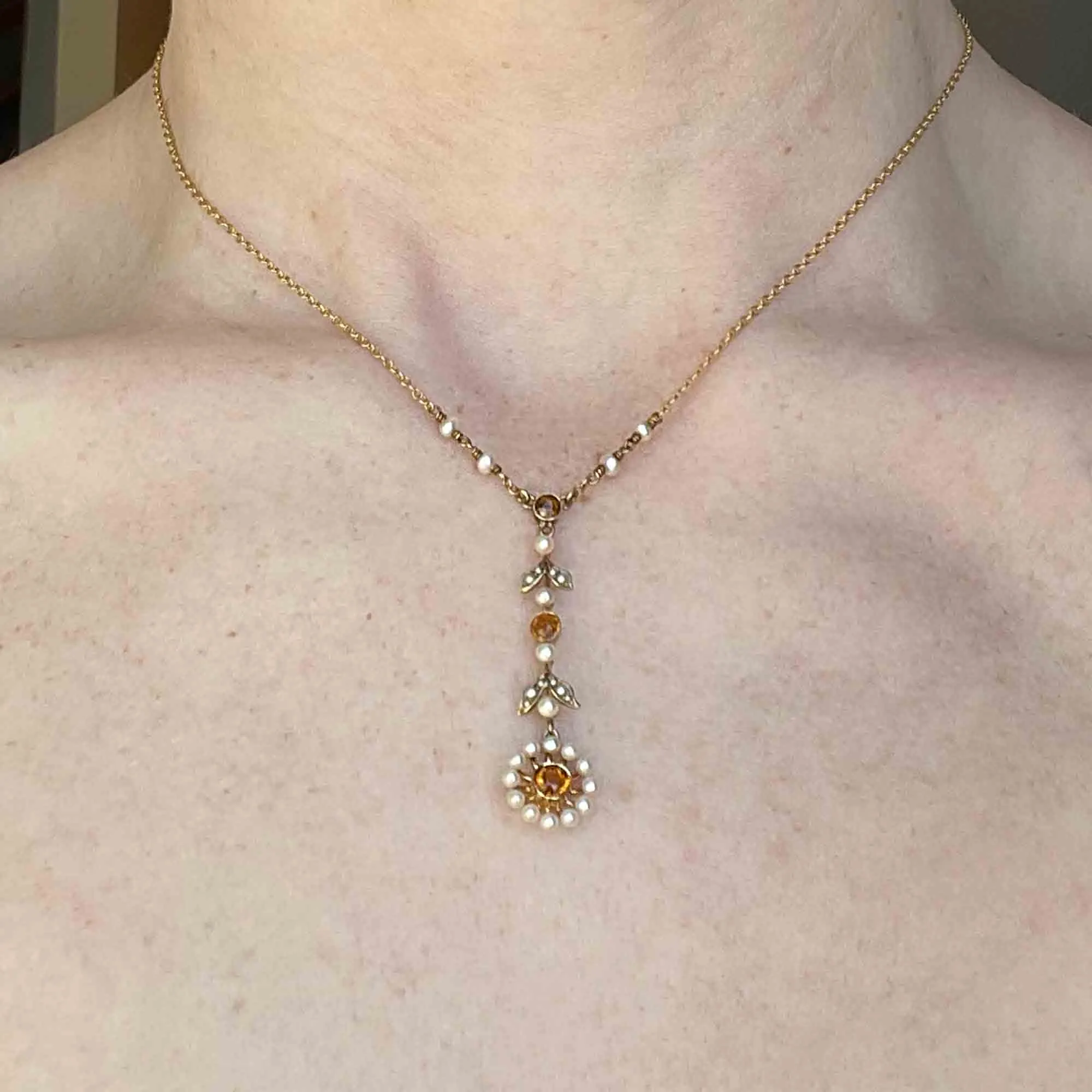 Antique Edwardian 10K Gold Citrine Lavaliere Necklace