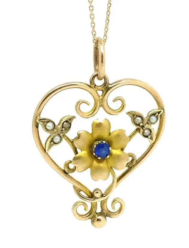 Antique Edwardian Sapphire (1891-1903) Lavalier 9ct Yellow Gold Heart Flower Pendant