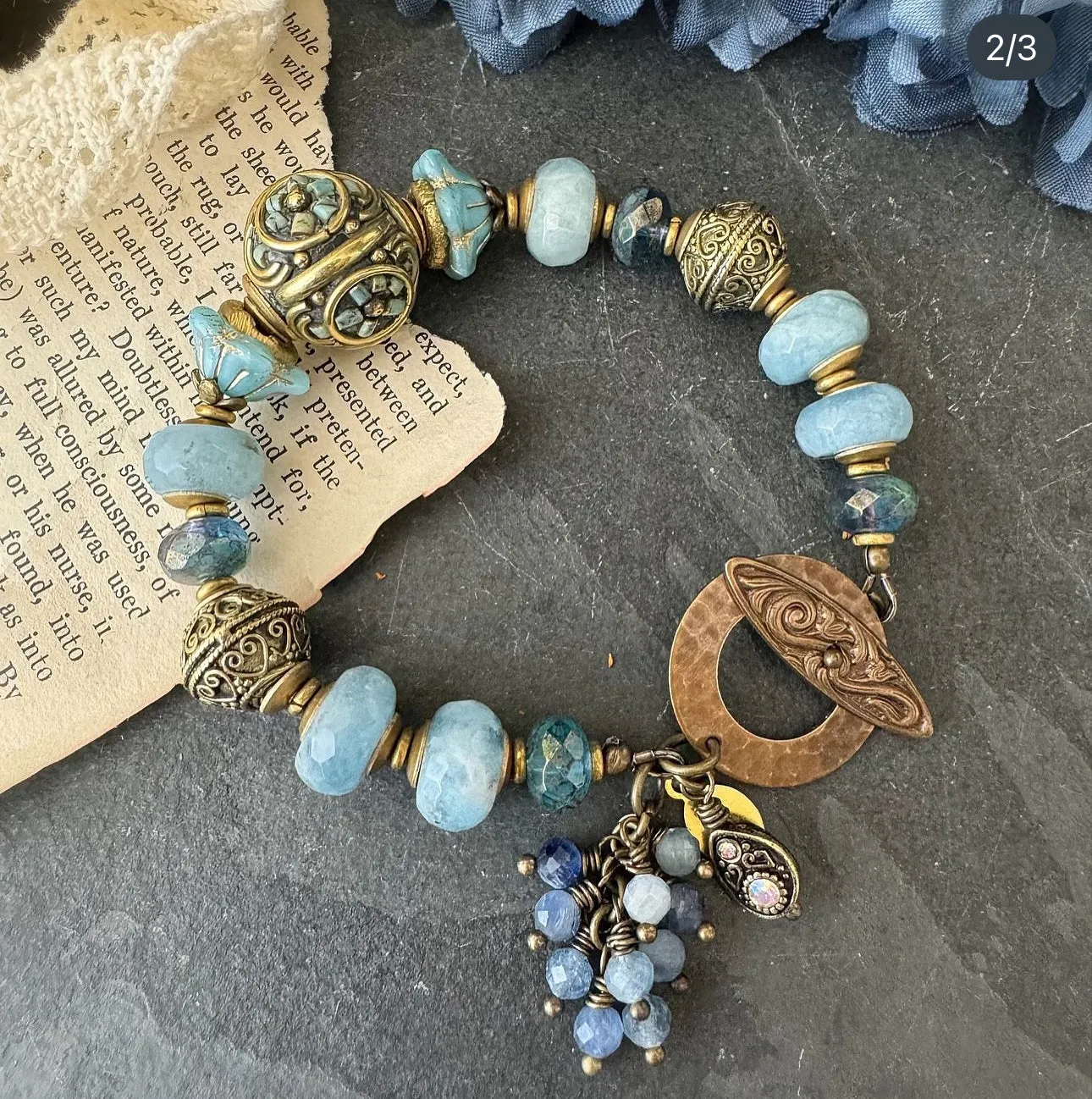 Aquamarine gemstone, african brass, bracelet.