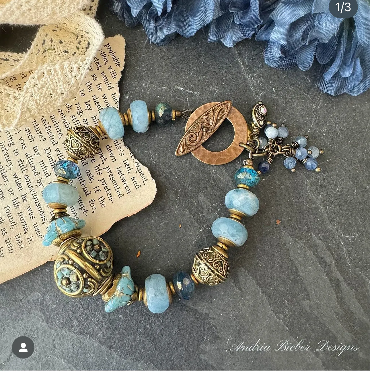 Aquamarine gemstone, african brass, bracelet.