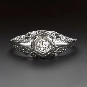 ART DECO DIAMOND RING OLD EUROPEAN CUT 1/4ct VINTAGE FILIGREE 18k WHITE GOLD