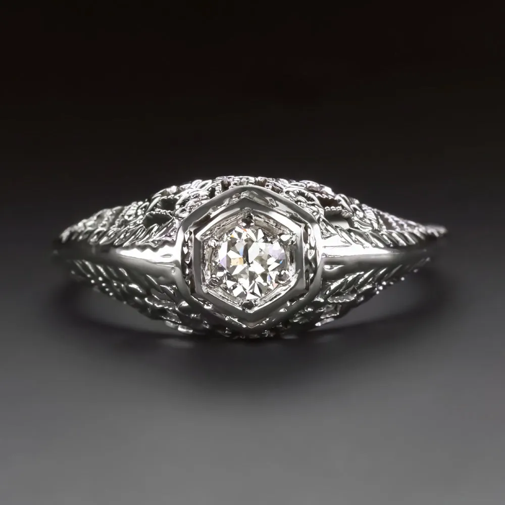 ART DECO DIAMOND RING OLD EUROPEAN CUT 1/4ct VINTAGE FILIGREE 18k WHITE GOLD