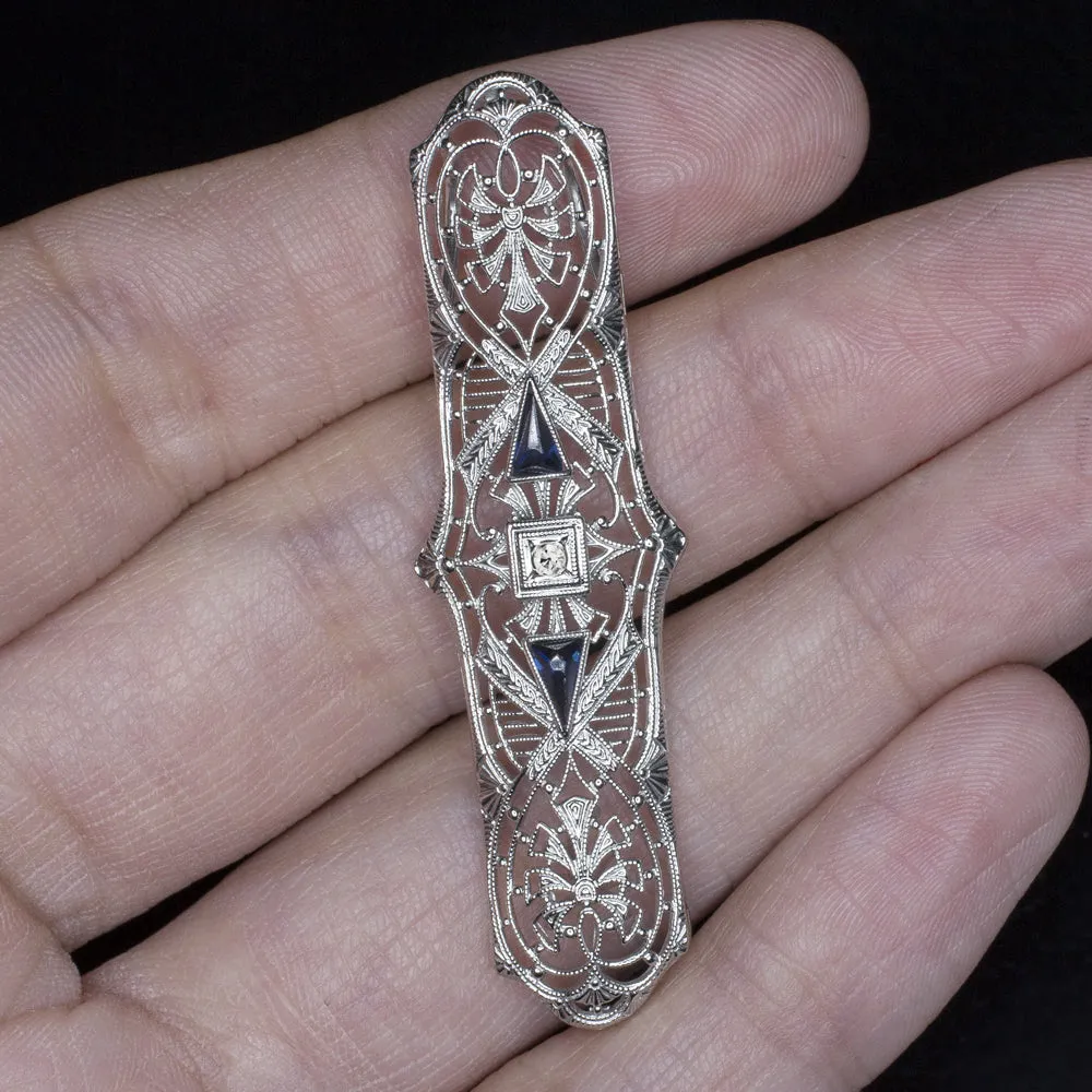 ART DECO PENDANT FILIGREE DIAMOND SAPPHIRE WHITE GOLD NECKLACE VINTAGE ENGRAVED