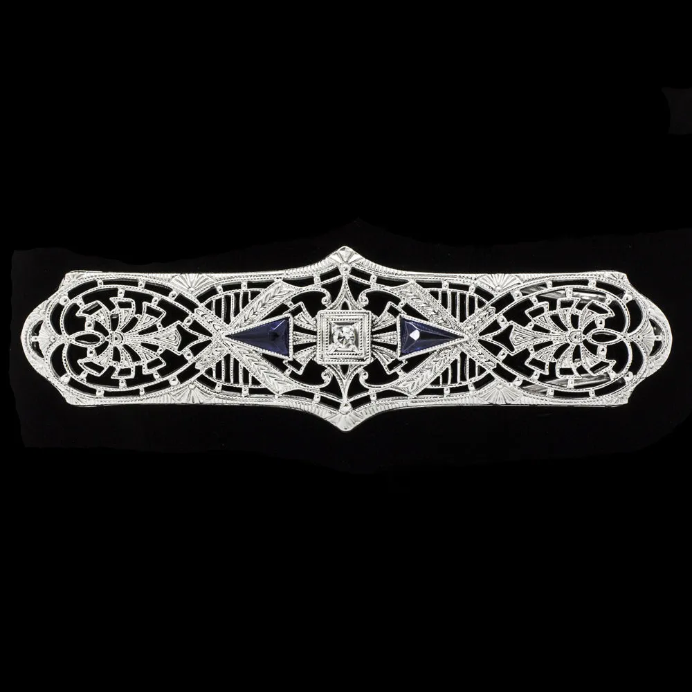 ART DECO PENDANT FILIGREE DIAMOND SAPPHIRE WHITE GOLD NECKLACE VINTAGE ENGRAVED