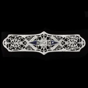 ART DECO PENDANT FILIGREE DIAMOND SAPPHIRE WHITE GOLD NECKLACE VINTAGE ENGRAVED