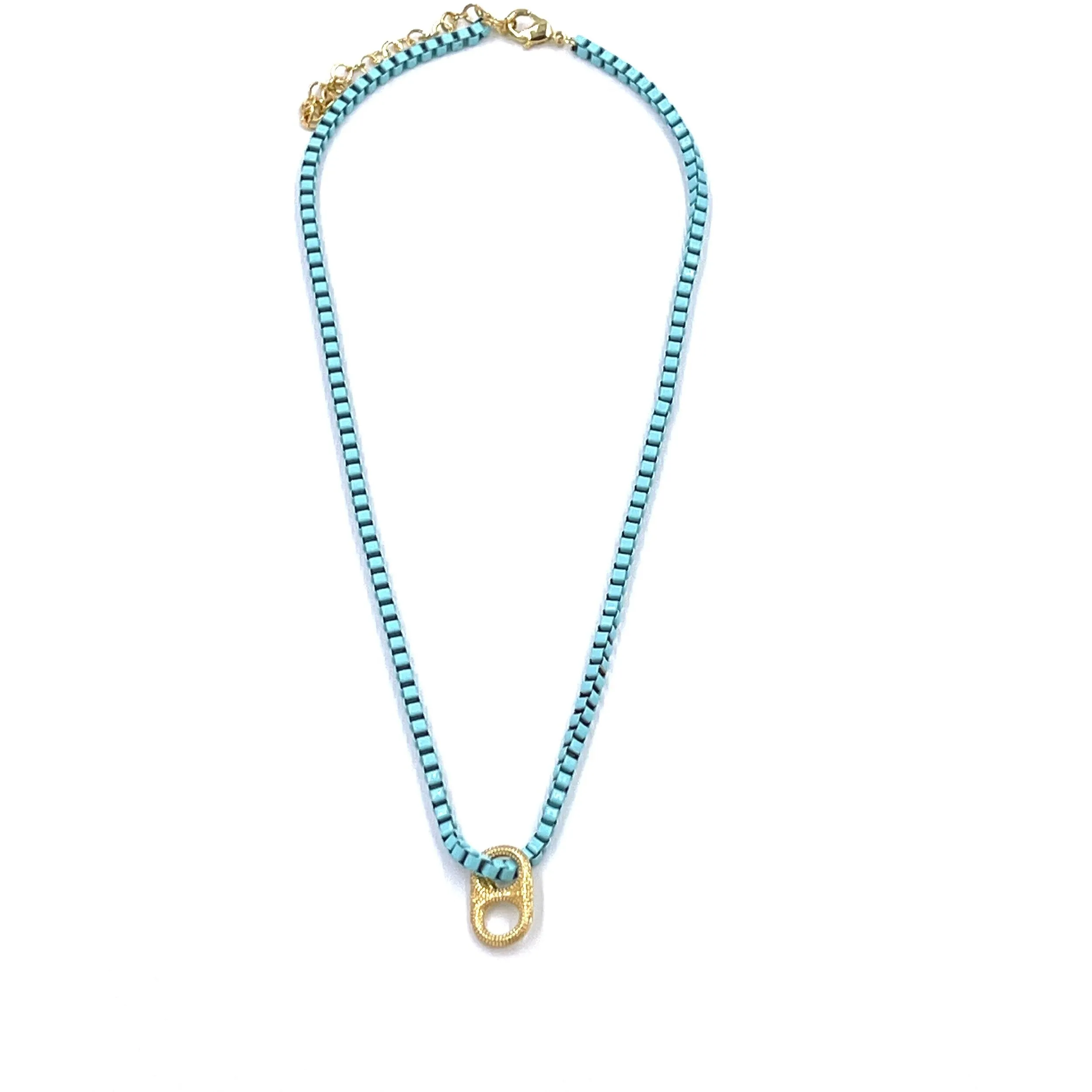 Ashley Gold Stainless Steel Coated Turquoise Box Link Necklace With Gold Plated Cap Charm