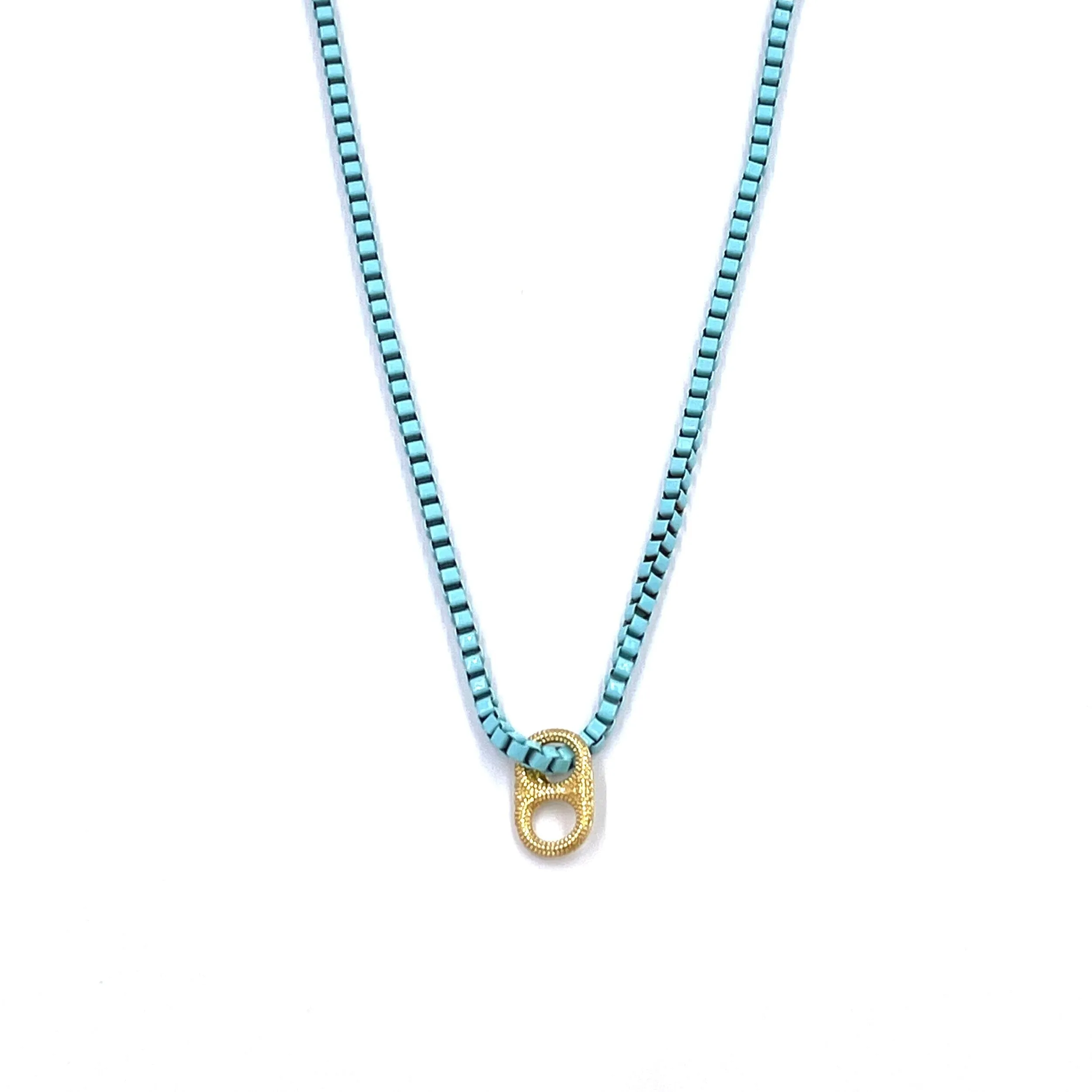 Ashley Gold Stainless Steel Coated Turquoise Box Link Necklace With Gold Plated Cap Charm