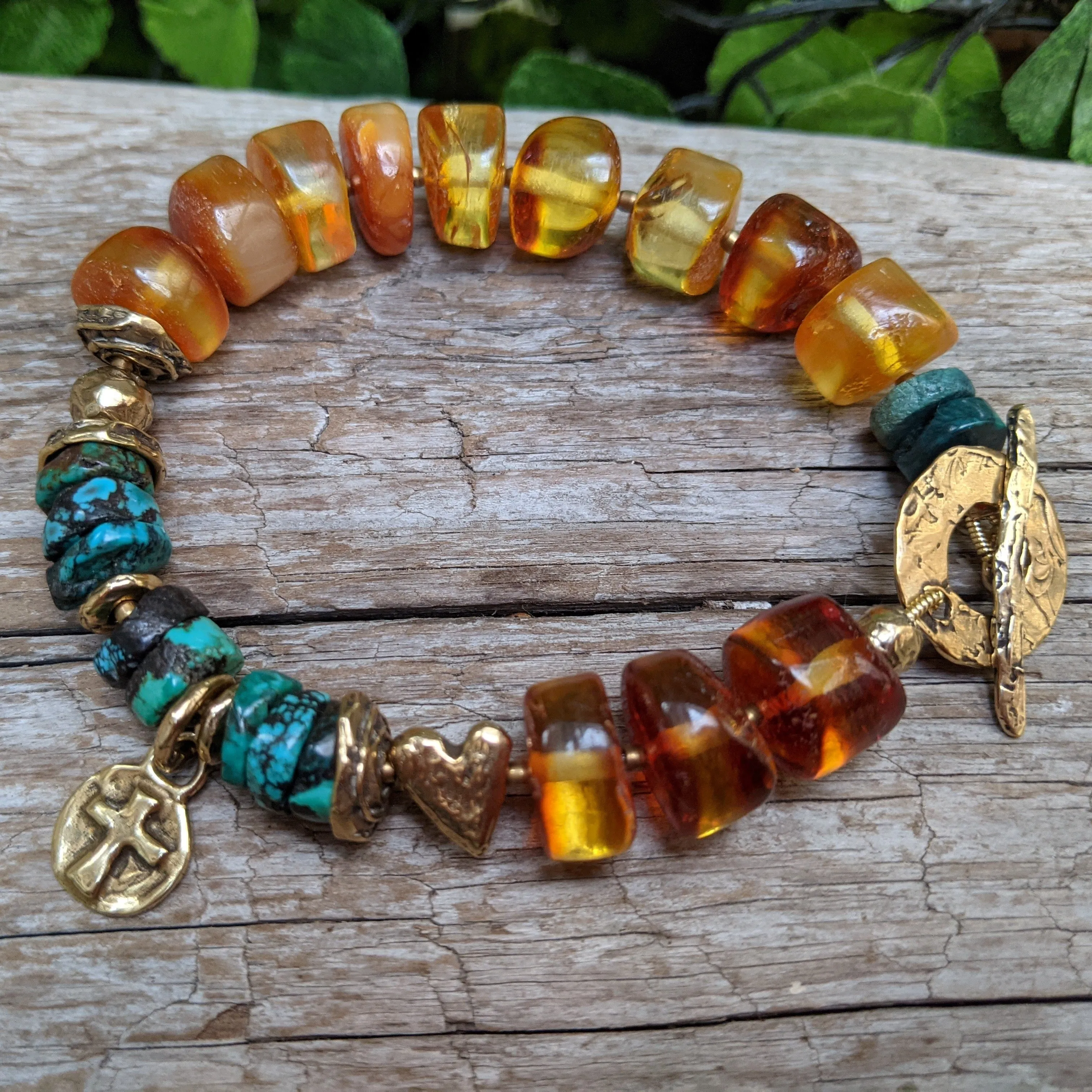 Baltic Amber & Turquoise Gold Bronze Bracelet