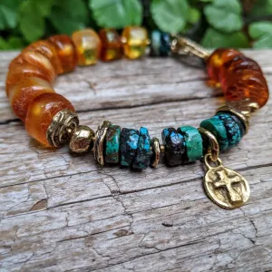 Baltic Amber & Turquoise Gold Bronze Bracelet