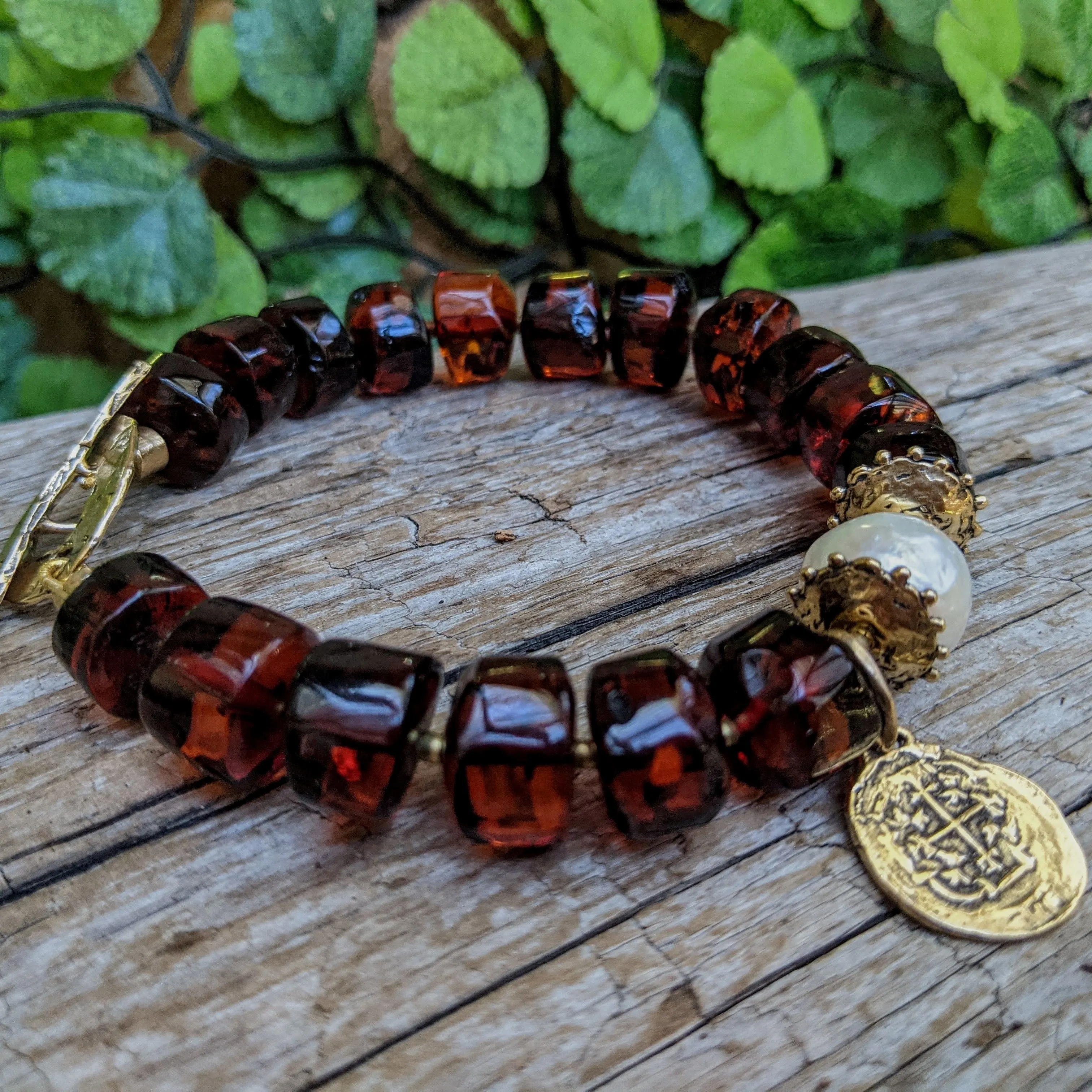 Baltic Amber & White Edison Pearl Bracelet