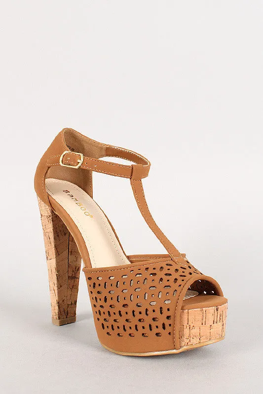 Bamboo Nubuck Perforated T-Strap Cork Platform Heel