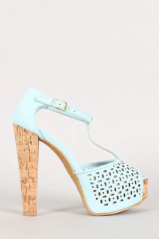 Bamboo Nubuck Perforated T-Strap Cork Platform Heel