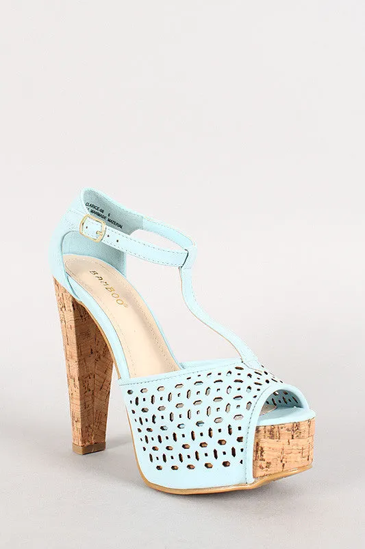 Bamboo Nubuck Perforated T-Strap Cork Platform Heel