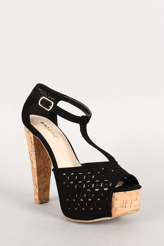 Bamboo Nubuck Perforated T-Strap Cork Platform Heel