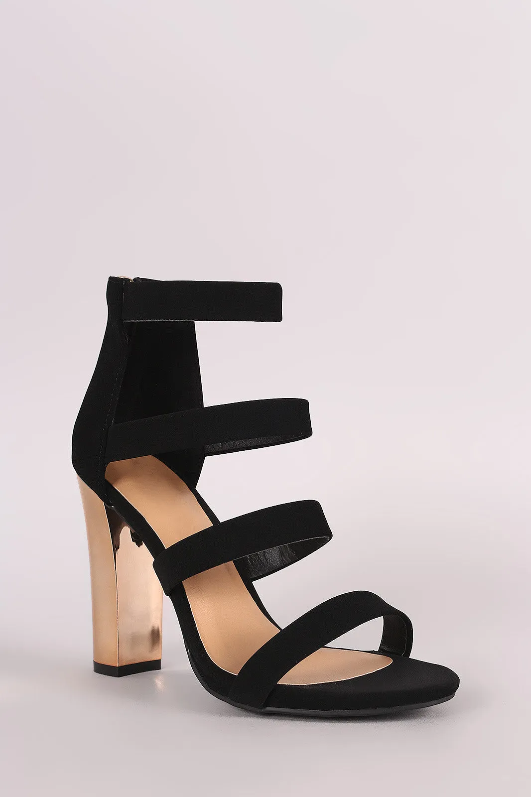 Bamboo Nubuck Strappy Chunky Metallic Heel