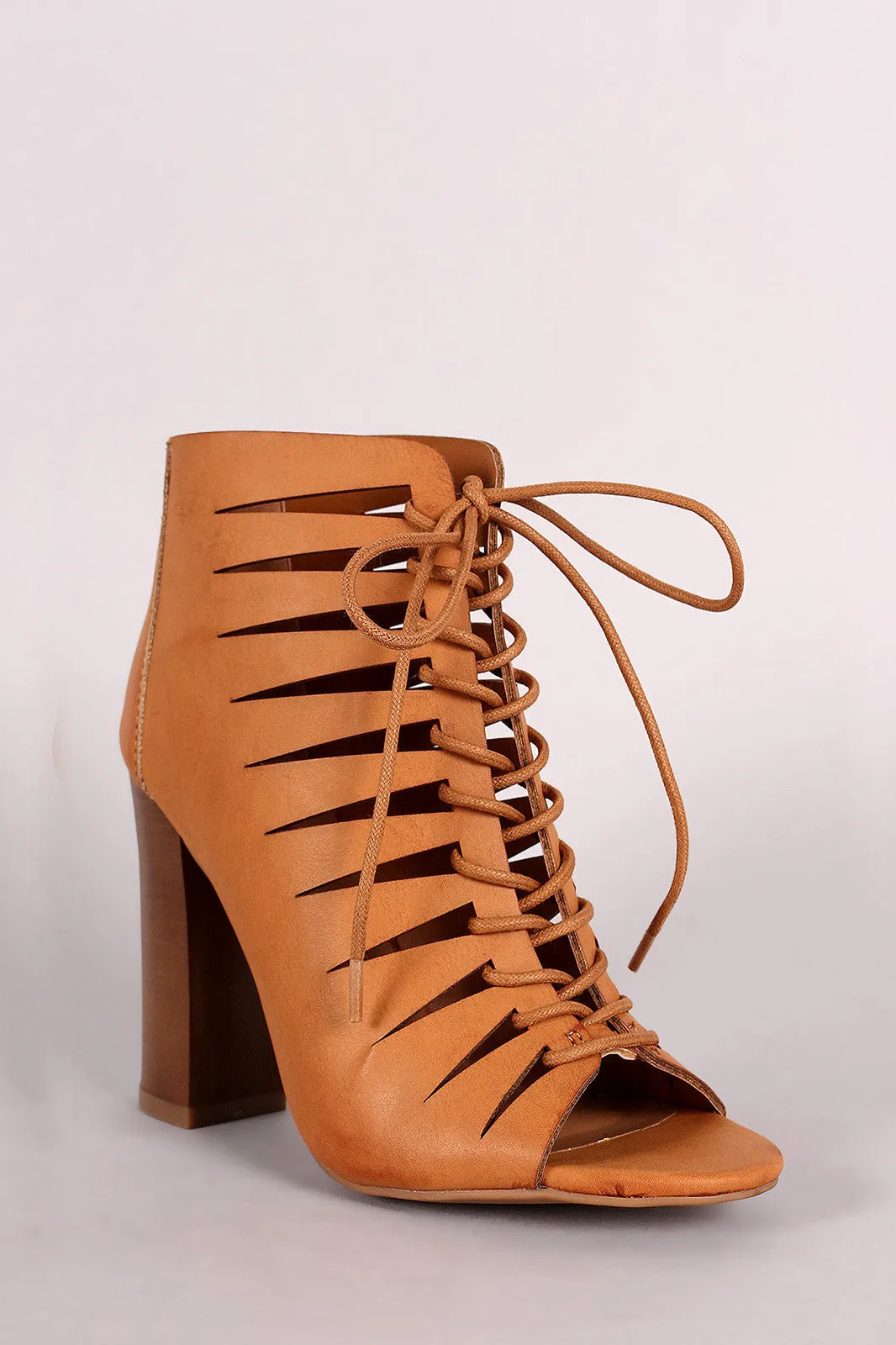 Bamboo Peep Toe Lace-Up Cutout Booties