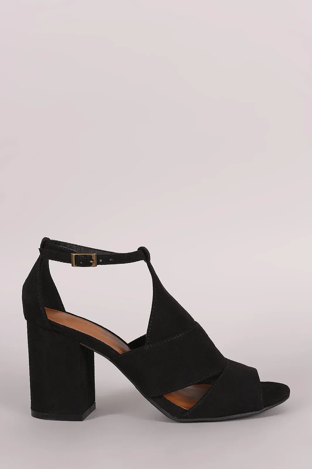 Bamboo Suede Cutout Ankle Strap Chunky Mule Heel