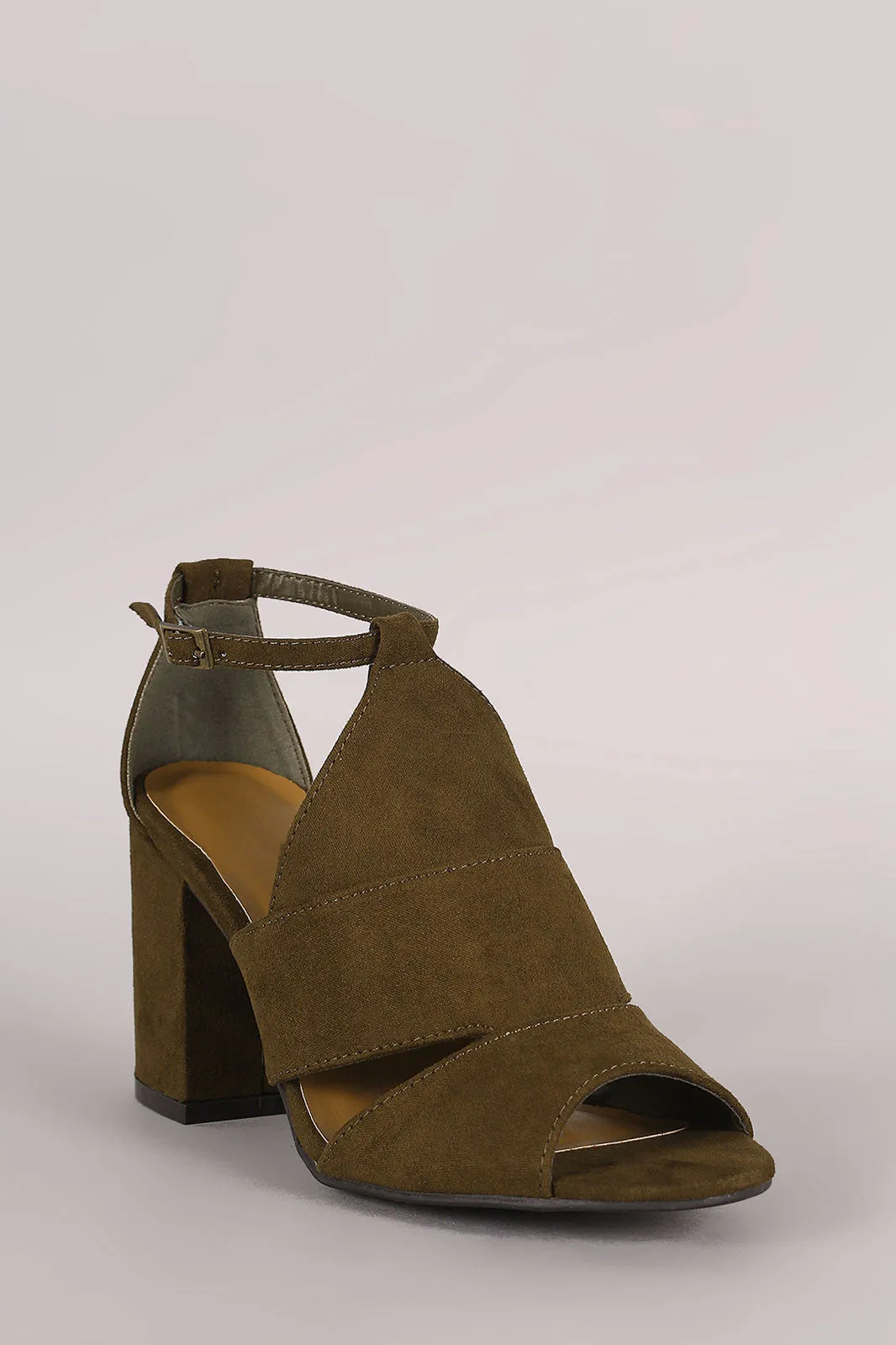 Bamboo Suede Cutout Ankle Strap Chunky Mule Heel