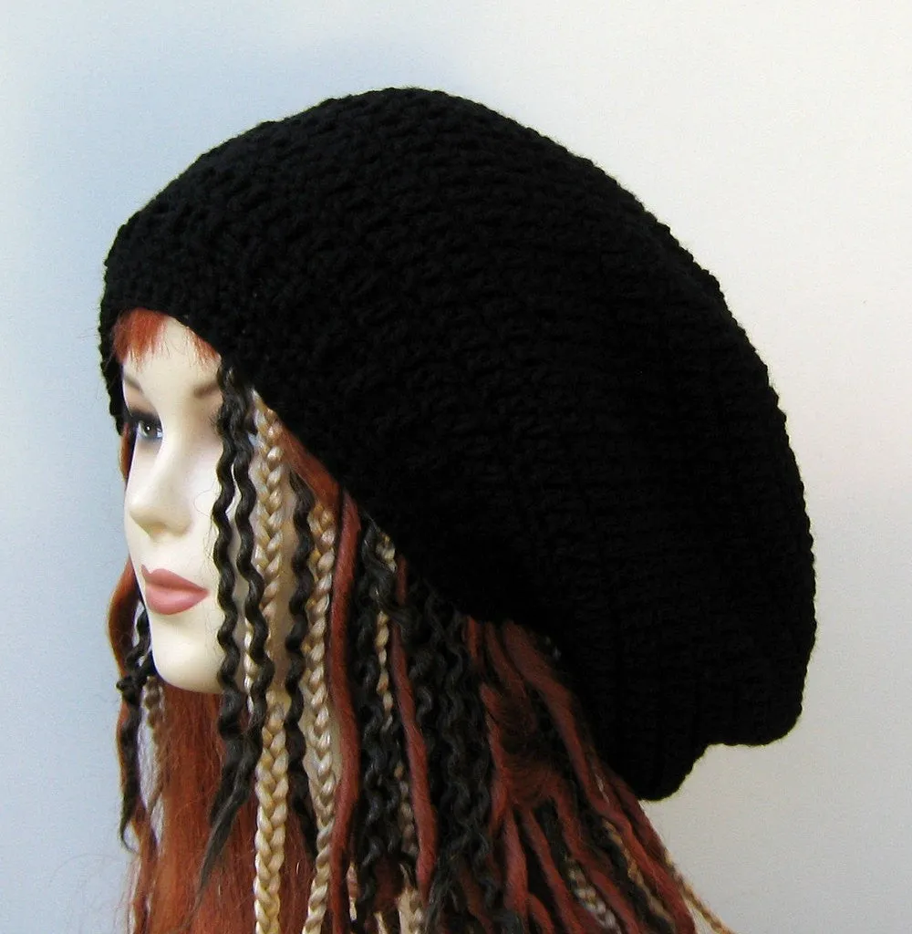 Black Wide Crown Slouchy large Tam Dreadlock Hippie Beanie Dread Hat