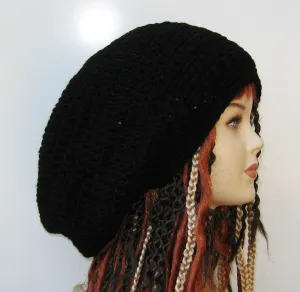 Black Wide Crown Slouchy large Tam Dreadlock Hippie Beanie Dread Hat