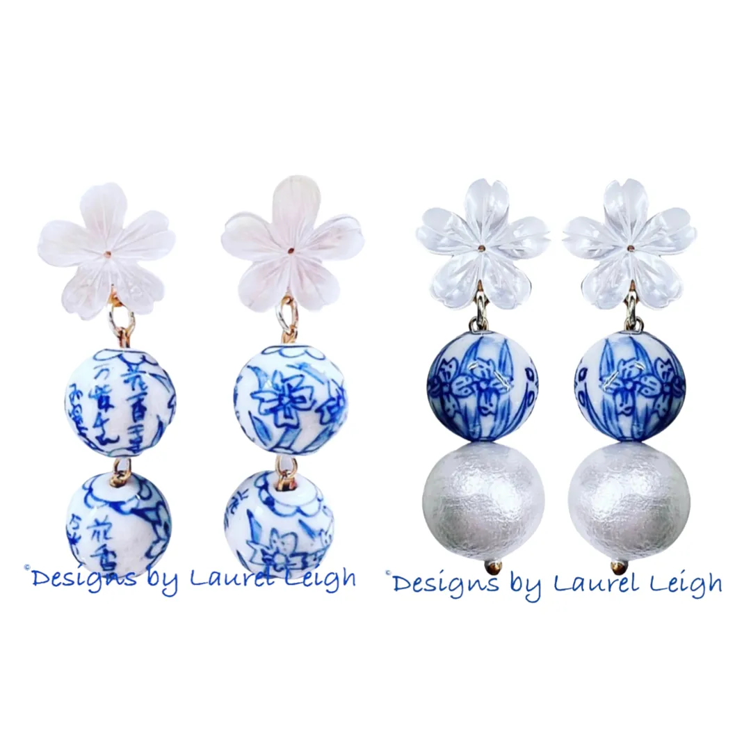 Blue & White Chinoiserie Orchid Double Drop Earrings