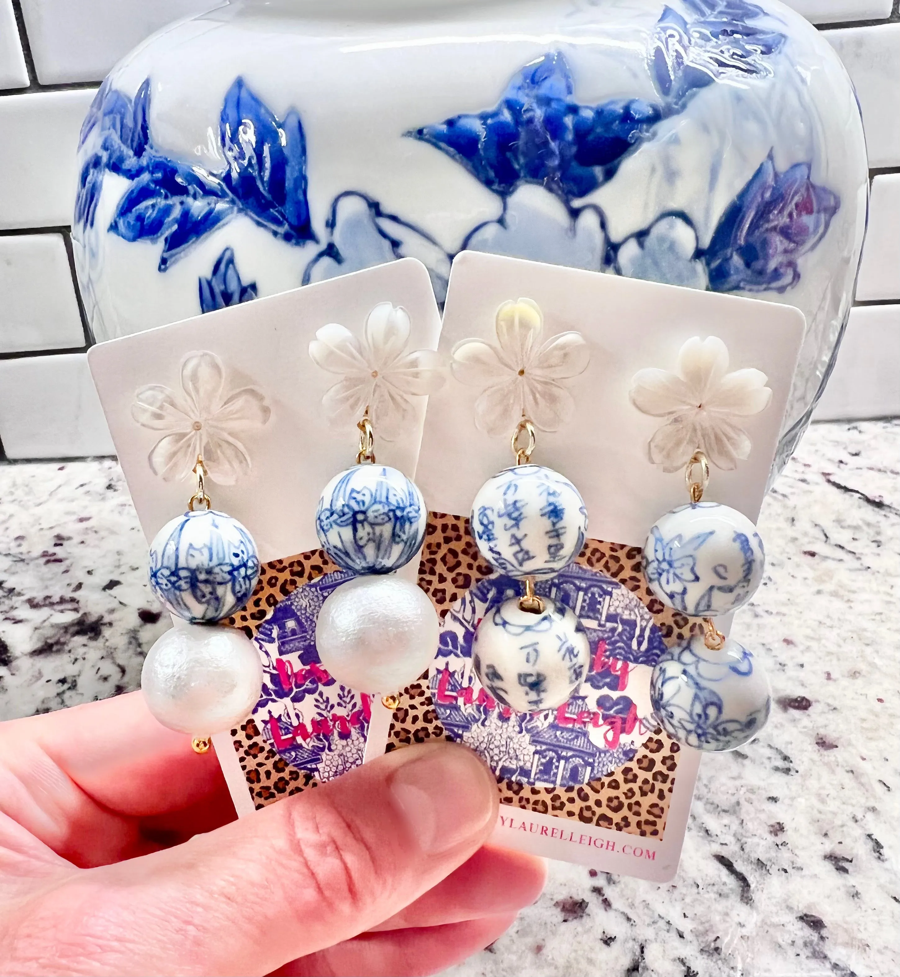 Blue & White Chinoiserie Orchid Double Drop Earrings