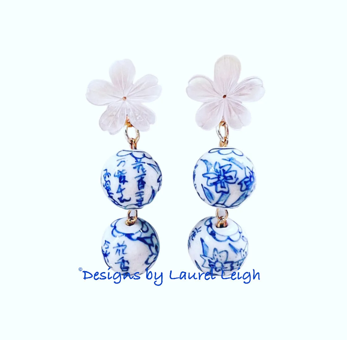 Blue & White Chinoiserie Orchid Double Drop Earrings