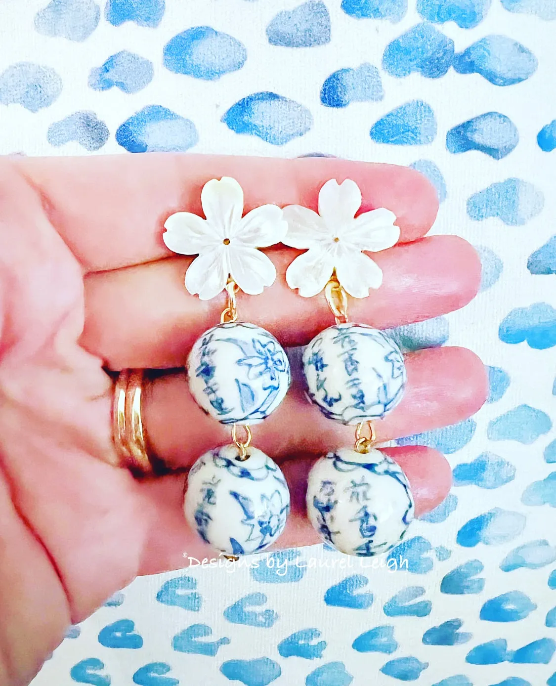 Blue & White Chinoiserie Orchid Double Drop Earrings