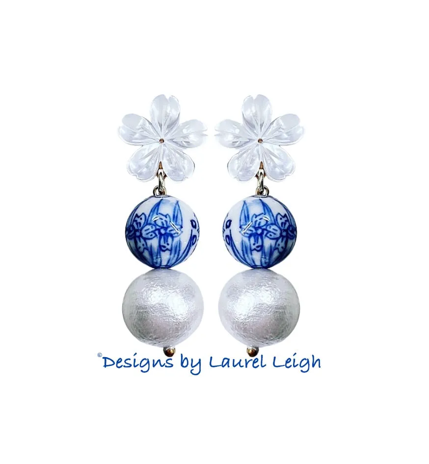 Blue & White Chinoiserie Orchid Double Drop Earrings